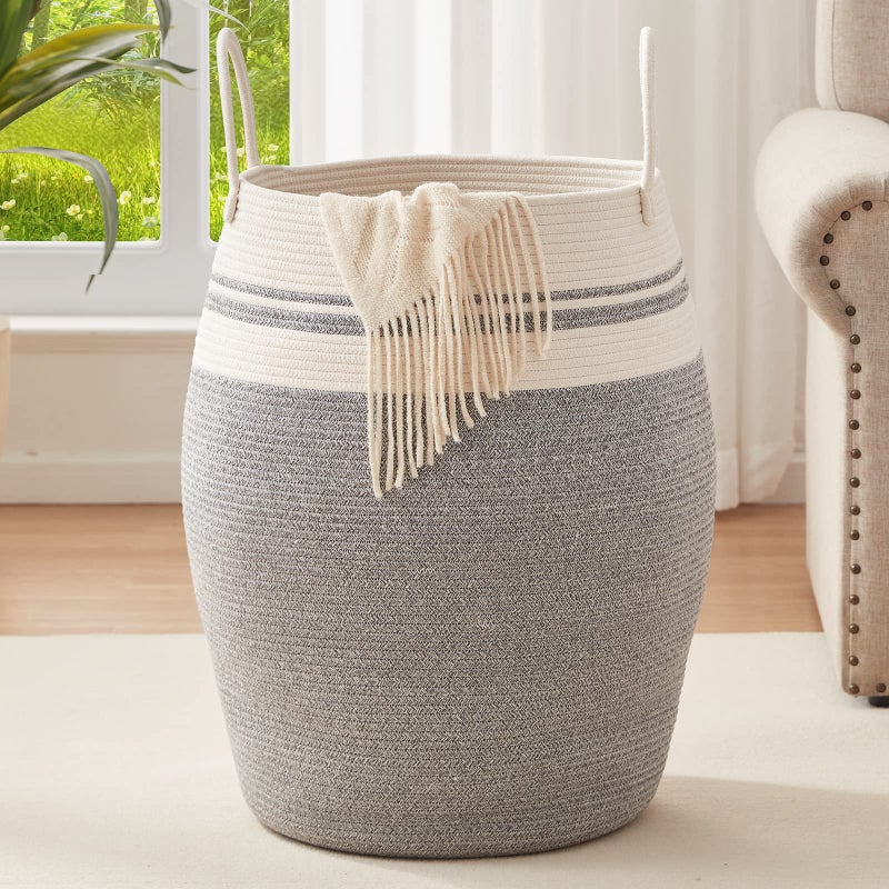 OIAHOMY Laundry Hamper Woven Cotton Rope Large Clothes Hamper 25.6" Height Modern Curve Basket with Extended Cotton Handles for Storage Clothes Toys in Bedroom, Bathroom, Foldable (White & light grey) - Image 1